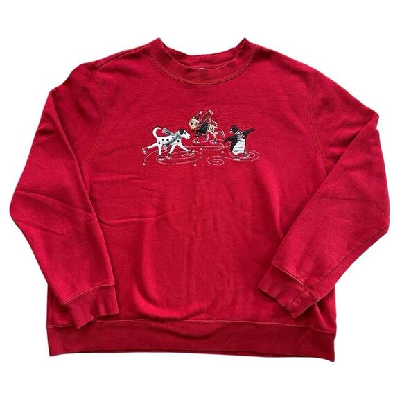 Holiday Editions Red Christmas Sweatshirt XL – Ice Skating Dog, Cat & Penguin - Picture 1 of 8